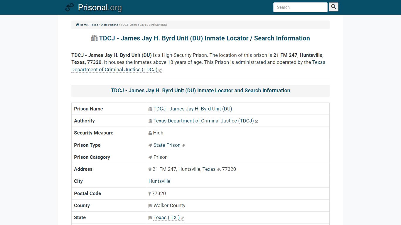 TDCJ - James Jay H. Byrd Unit (DU)-Inmate Locator/Search Info, Phone ...